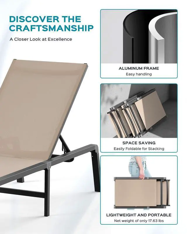 Alt view image 5 of 7 - Aluminum Chaise Lounge Ourdoor - Foldable & Assemble Free Outdoor Lounge Chair with 5 Adjustable Backrest, Patio Lounge Chair for Outside Poolside Beach Pool, Khaki