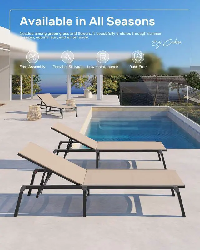Alt view image 4 of 7 - Aluminum Chaise Lounge Ourdoor - Foldable & Assemble Free Outdoor Lounge Chair with 5 Adjustable Backrest, Patio Lounge Chair for Outside Poolside Beach Pool, Khaki