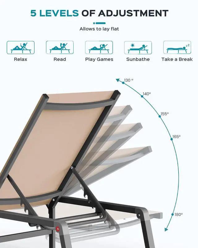 Alt view image 7 of 7 - Aluminum Chaise Lounge Ourdoor - Foldable & Assemble Free Outdoor Lounge Chair with 5 Adjustable Backrest, Patio Lounge Chair for Outside Poolside Beach Pool, Khaki