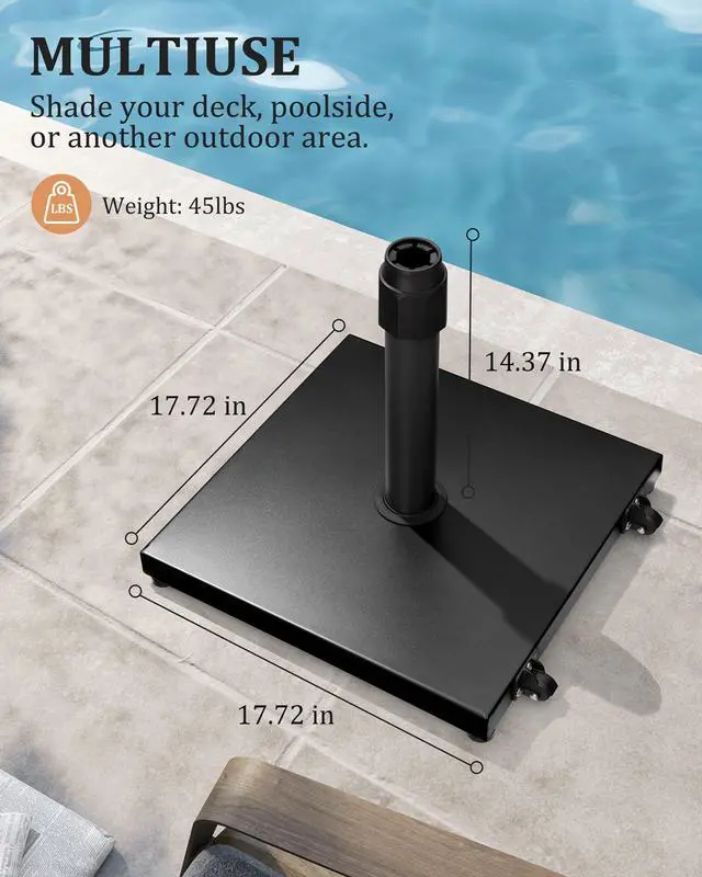 Alt view image 4 of 7 - 45lbs Patio Umbrella Base with Wheels - Heavy Duty Outdoor Patio Market Umbrella Stand for Deck with Rollers, Poolside, Balcony, Wind-Resistant Design, Black