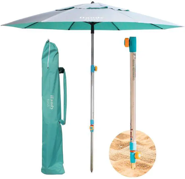 Main image of Umbrella with 10 Second Easy Setup Hammer In Anchor-7ft Large Portable Heavy Duty High Wind Stability Beach Umbrellas For Sand-ASTM F3681 Safety Tested-Silver Coated UPF 55 Sun Protection