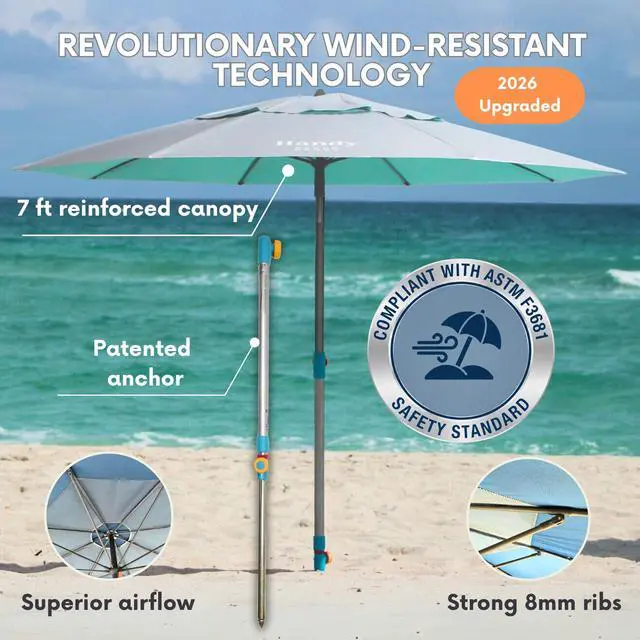 Alt view image 2 of 7 - Umbrella with 10 Second Easy Setup Hammer In Anchor-7ft Large Portable Heavy Duty High Wind Stability Beach Umbrellas For Sand-ASTM F3681 Safety Tested-Silver Coated UPF 55 Sun Protection