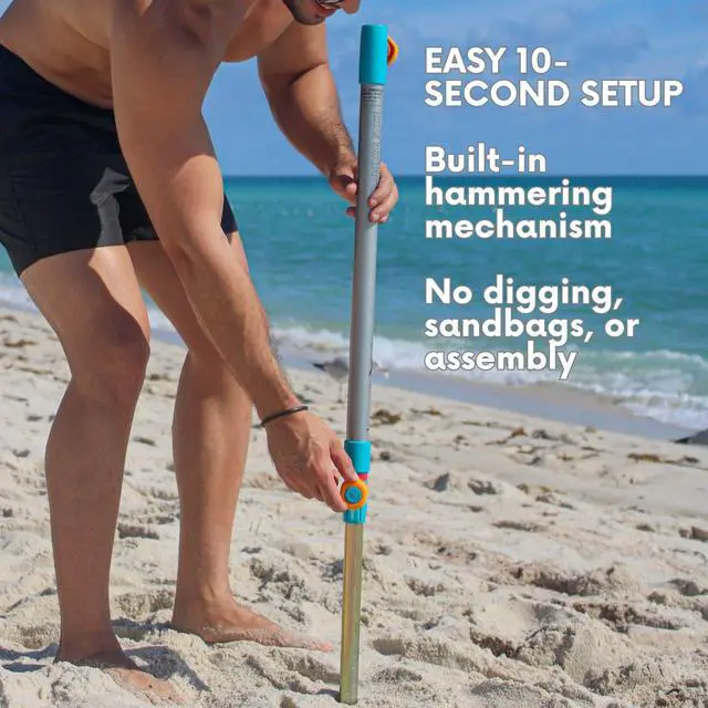 Alt view image 3 of 7 - Umbrella with 10 Second Easy Setup Hammer In Anchor-7ft Large Portable Heavy Duty High Wind Stability Beach Umbrellas For Sand-ASTM F3681 Safety Tested-Silver Coated UPF 55 Sun Protection