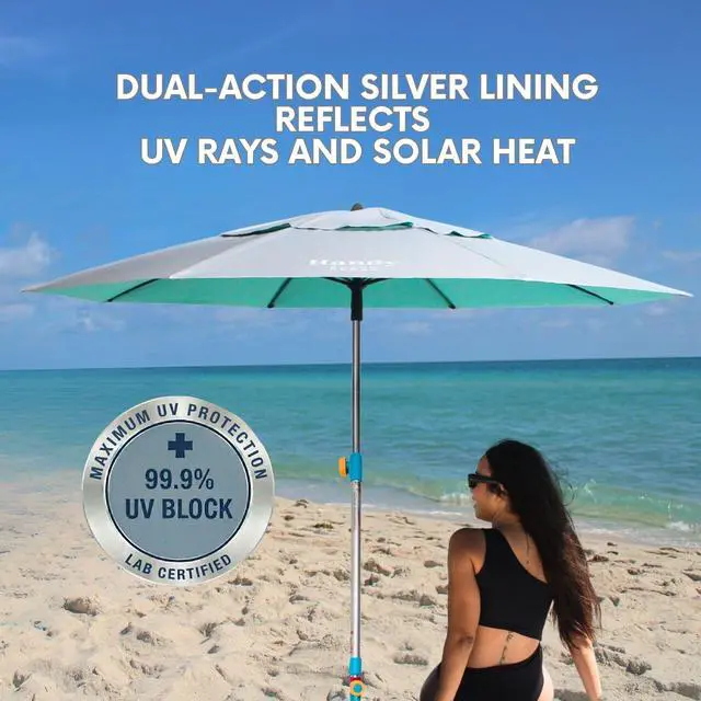 Alt view image 4 of 7 - Umbrella with 10 Second Easy Setup Hammer In Anchor-7ft Large Portable Heavy Duty High Wind Stability Beach Umbrellas For Sand-ASTM F3681 Safety Tested-Silver Coated UPF 55 Sun Protection