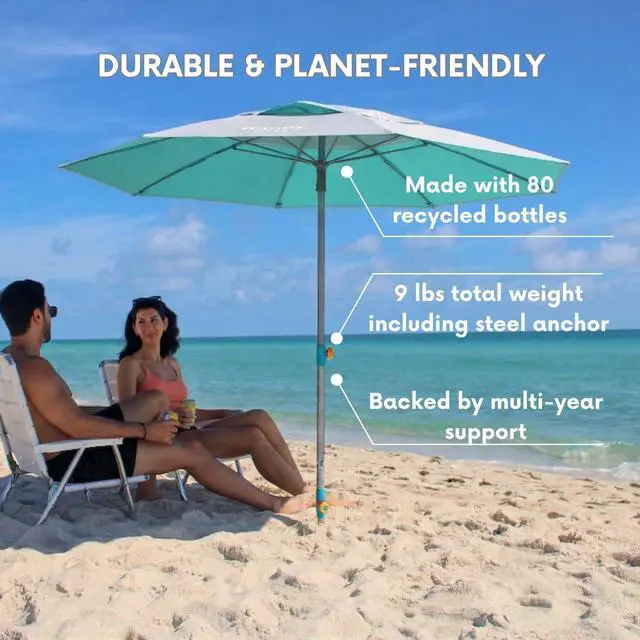 Alt view image 5 of 7 - Umbrella with 10 Second Easy Setup Hammer In Anchor-7ft Large Portable Heavy Duty High Wind Stability Beach Umbrellas For Sand-ASTM F3681 Safety Tested-Silver Coated UPF 55 Sun Protection
