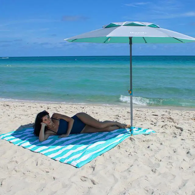 Alt view image 6 of 7 - Umbrella with 10 Second Easy Setup Hammer In Anchor-7ft Large Portable Heavy Duty High Wind Stability Beach Umbrellas For Sand-ASTM F3681 Safety Tested-Silver Coated UPF 55 Sun Protection