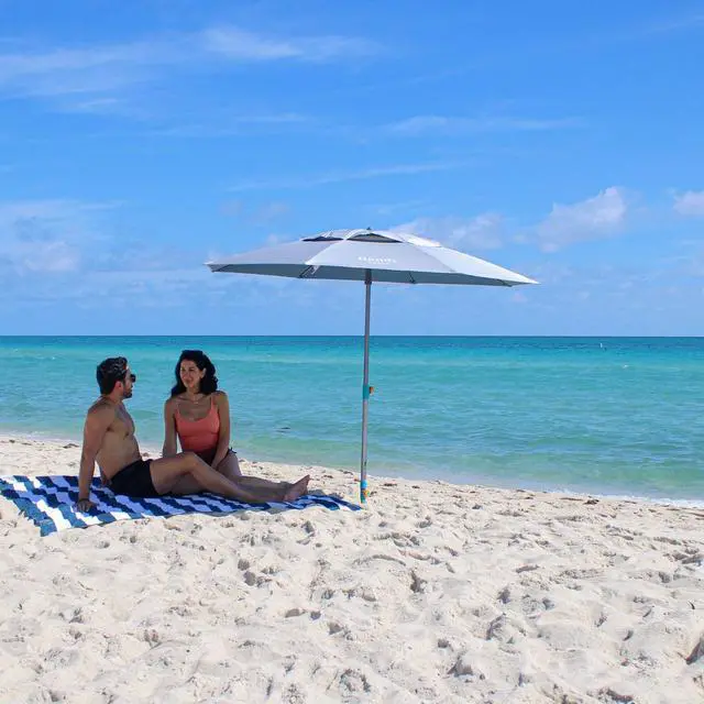 Alt view image 7 of 7 - Umbrella with 10 Second Easy Setup Hammer In Anchor-7ft Large Portable Heavy Duty High Wind Stability Beach Umbrellas For Sand-ASTM F3681 Safety Tested-Silver Coated UPF 55 Sun Protection