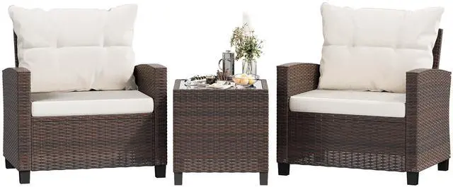 Main image of 3 Pieces Patio Furniture Set, PE Rattan Wicker 3 Pcs Patio Set, Outdoor Furniture Set with Two Outdoor Chairs and Table, Conversation Set for Garden, Poolside, Balcony, and Porch(Beige)