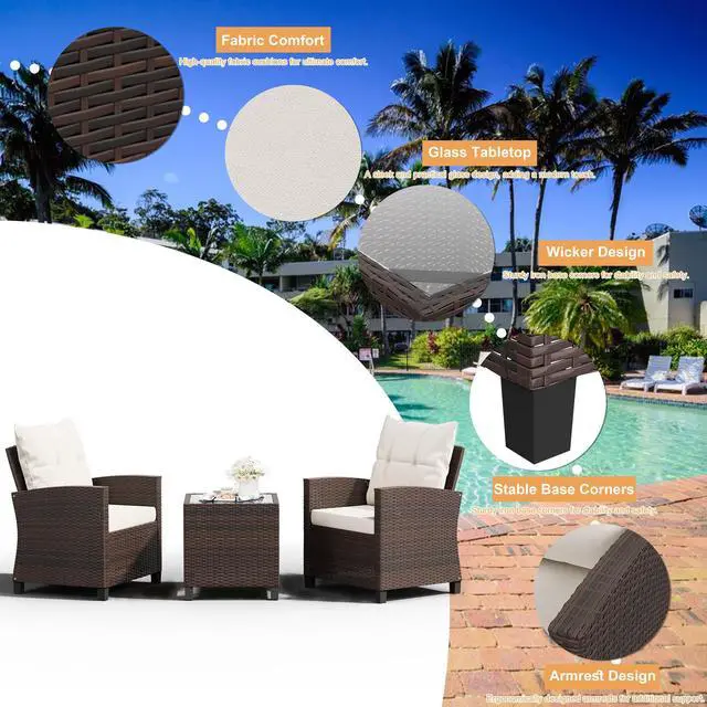 Alt view image 2 of 5 - 3 Pieces Patio Furniture Set, PE Rattan Wicker 3 Pcs Patio Set, Outdoor Furniture Set with Two Outdoor Chairs and Table, Conversation Set for Garden, Poolside, Balcony, and Porch(Beige)