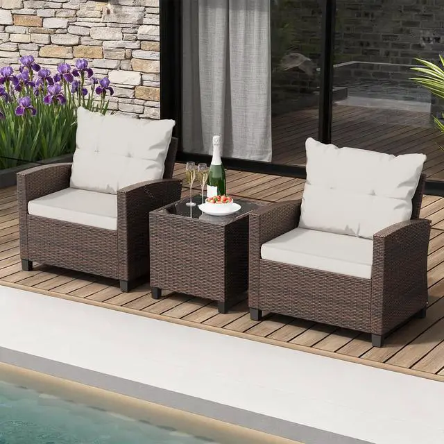 Alt view image 4 of 5 - 3 Pieces Patio Furniture Set, PE Rattan Wicker 3 Pcs Patio Set, Outdoor Furniture Set with Two Outdoor Chairs and Table, Conversation Set for Garden, Poolside, Balcony, and Porch(Beige)