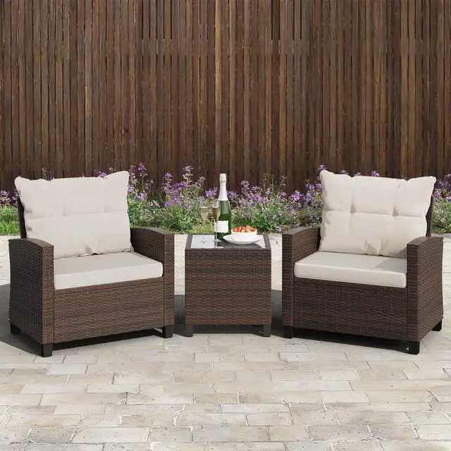 Alt view image 5 of 5 - 3 Pieces Patio Furniture Set, PE Rattan Wicker 3 Pcs Patio Set, Outdoor Furniture Set with Two Outdoor Chairs and Table, Conversation Set for Garden, Poolside, Balcony, and Porch(Beige)