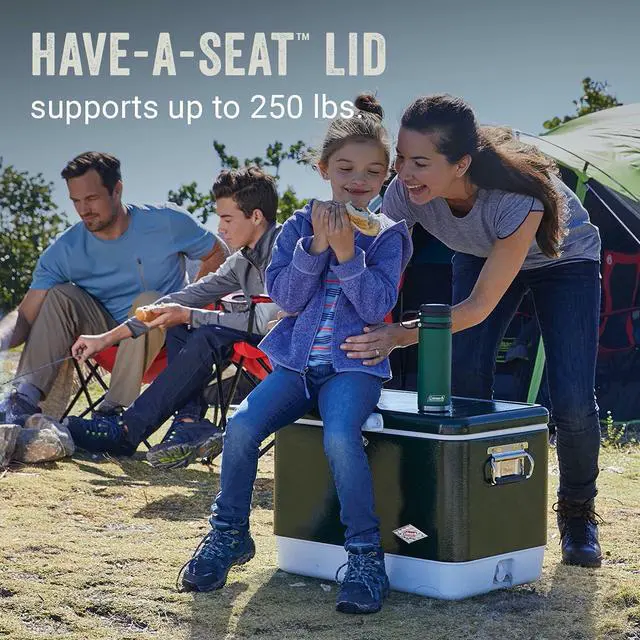 Alt view image 5 of 7 - Vintage 54qt Steel Belted Cooler, Keeps Ice Up to 4 Days, 85-Can Capacity Hard Cooler with Drain & Have-A-Seat Lid