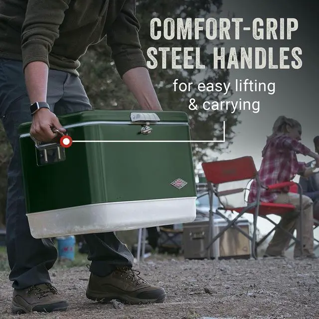 Alt view image 3 of 7 - Vintage 54qt Steel Belted Cooler, Keeps Ice Up to 4 Days, 85-Can Capacity Hard Cooler with Drain & Have-A-Seat Lid