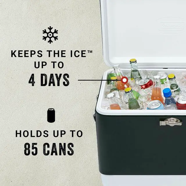 Alt view image 6 of 7 - Vintage 54qt Steel Belted Cooler, Keeps Ice Up to 4 Days, 85-Can Capacity Hard Cooler with Drain & Have-A-Seat Lid