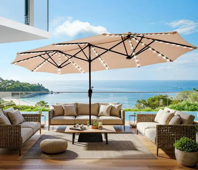 Main image of 13ft Outdoor Patio Umbrella with Solar Lights, Double-sided Deck Pool Umbrella with 1.5 Inch Pole, Fade Resistant Canopy, 12 Sturdy Ribs, for Porch, Market, Backyard, Beige (No Base)