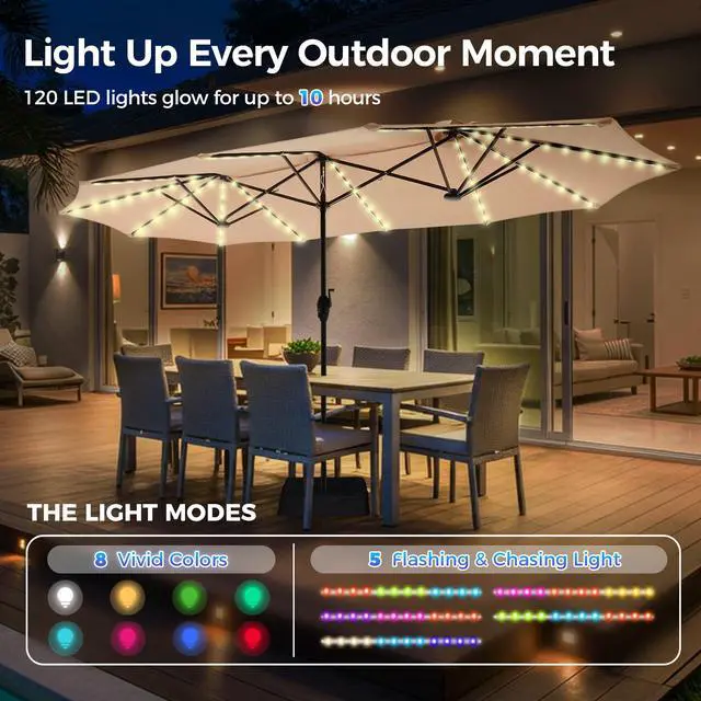 Alt view image 2 of 7 - 13ft Outdoor Patio Umbrella with Solar Lights, Double-sided Deck Pool Umbrella with 1.5 Inch Pole, Fade Resistant Canopy, 12 Sturdy Ribs, for Porch, Market, Backyard, Beige (No Base)