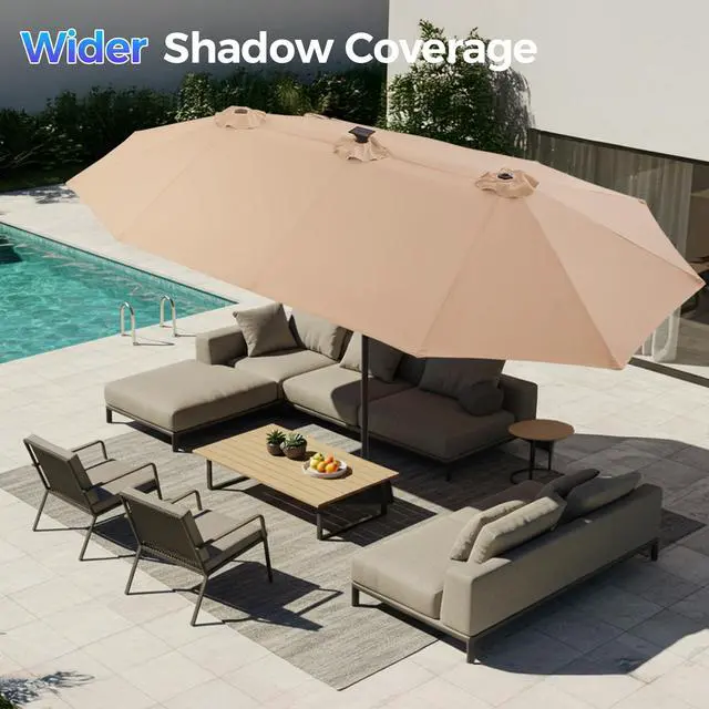 Alt view image 5 of 7 - 13ft Outdoor Patio Umbrella with Solar Lights, Double-sided Deck Pool Umbrella with 1.5 Inch Pole, Fade Resistant Canopy, 12 Sturdy Ribs, for Porch, Market, Backyard, Beige (No Base)