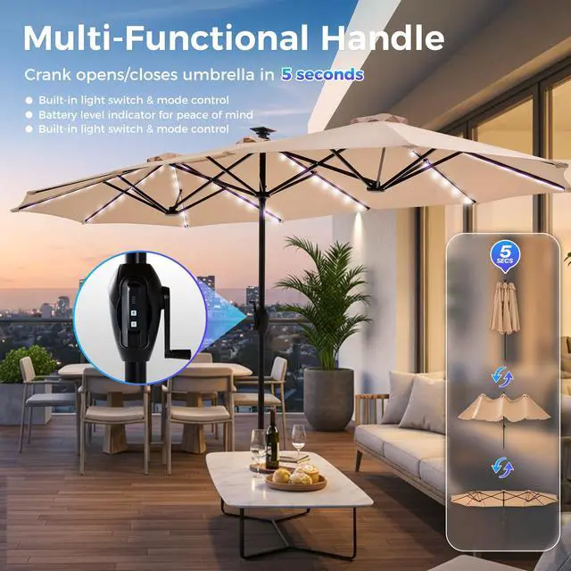 Alt view image 4 of 7 - 13ft Outdoor Patio Umbrella with Solar Lights, Double-sided Deck Pool Umbrella with 1.5 Inch Pole, Fade Resistant Canopy, 12 Sturdy Ribs, for Porch, Market, Backyard, Beige (No Base)