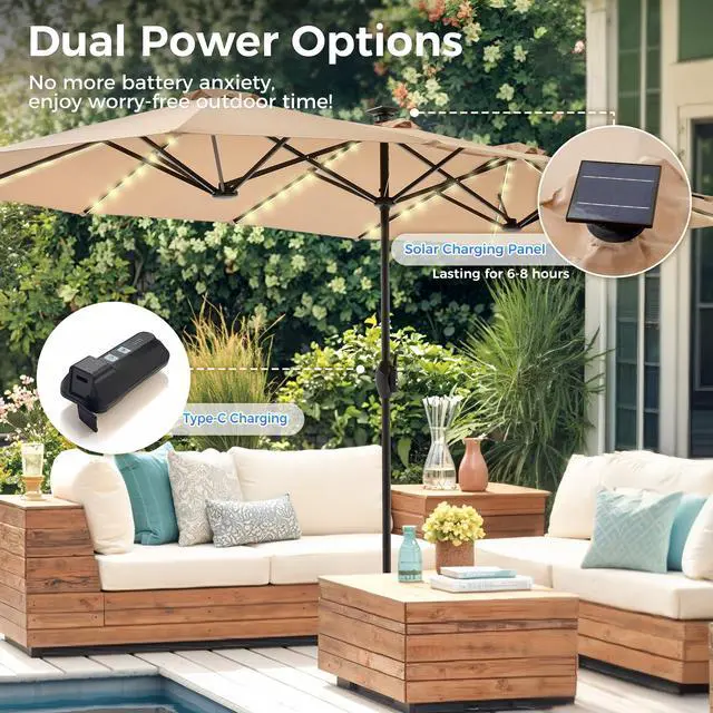 Alt view image 3 of 7 - 13ft Outdoor Patio Umbrella with Solar Lights, Double-sided Deck Pool Umbrella with 1.5 Inch Pole, Fade Resistant Canopy, 12 Sturdy Ribs, for Porch, Market, Backyard, Beige (No Base)