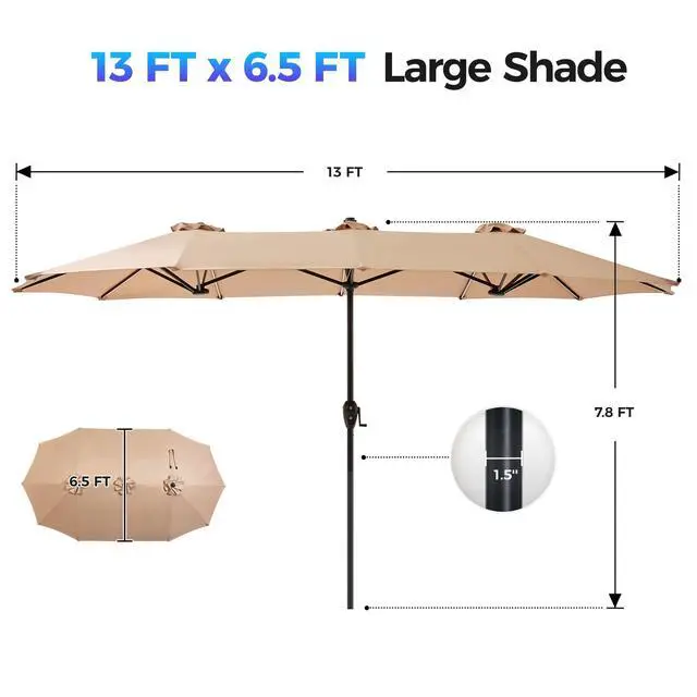 Alt view image 7 of 7 - 13ft Outdoor Patio Umbrella with Solar Lights, Double-sided Deck Pool Umbrella with 1.5 Inch Pole, Fade Resistant Canopy, 12 Sturdy Ribs, for Porch, Market, Backyard, Beige (No Base)