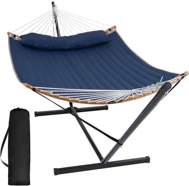 Main image of Portable Outdoor Hammock with Stand, Heavy Duty Hammock with Carrying Bag, Soft Pillow, Balance Ropes, Dark Blue