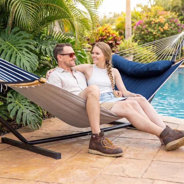 Alt view image 2 of 7 - Portable Outdoor Hammock with Stand, Heavy Duty Hammock with Carrying Bag, Soft Pillow, Balance Ropes, Dark Blue