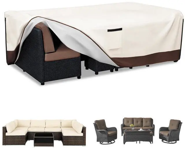 Main image of Patio Furniture Covers Waterproof,600D Heavy Duty Patio Cover for 6/7/8 PCS Sets Sectional Sofa Couch Dining Rocking Swivel Chairs Ottomans Coffee Table,110L x 84W x 28H inch Beige & Brown