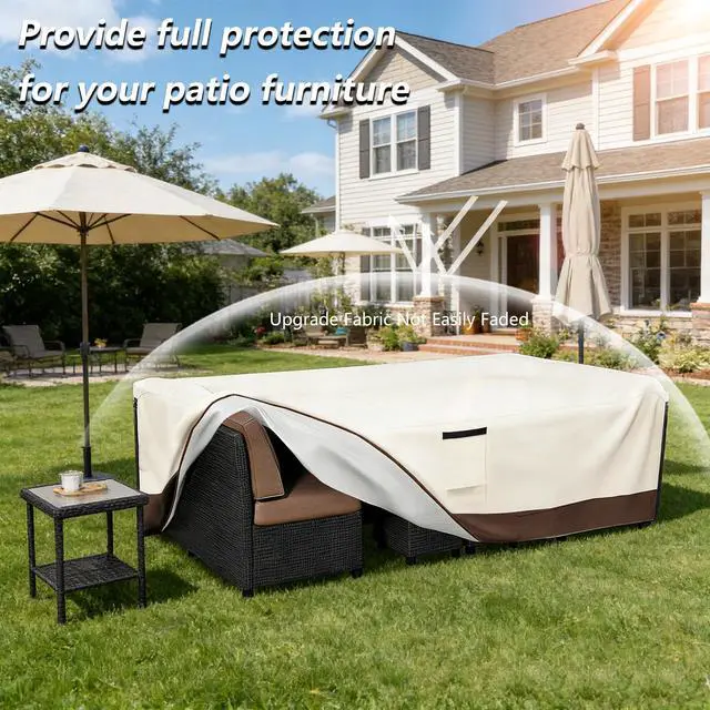 Alt view image 5 of 7 - Patio Furniture Covers Waterproof,600D Heavy Duty Patio Cover for 6/7/8 PCS Sets Sectional Sofa Couch Dining Rocking Swivel Chairs Ottomans Coffee Table,110L x 84W x 28H inch Beige & Brown