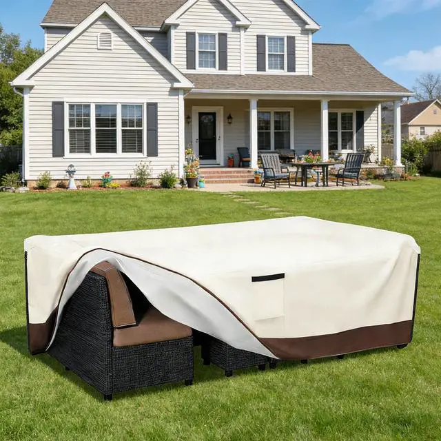 Alt view image 7 of 7 - Patio Furniture Covers Waterproof,600D Heavy Duty Patio Cover for 6/7/8 PCS Sets Sectional Sofa Couch Dining Rocking Swivel Chairs Ottomans Coffee Table,110L x 84W x 28H inch Beige & Brown