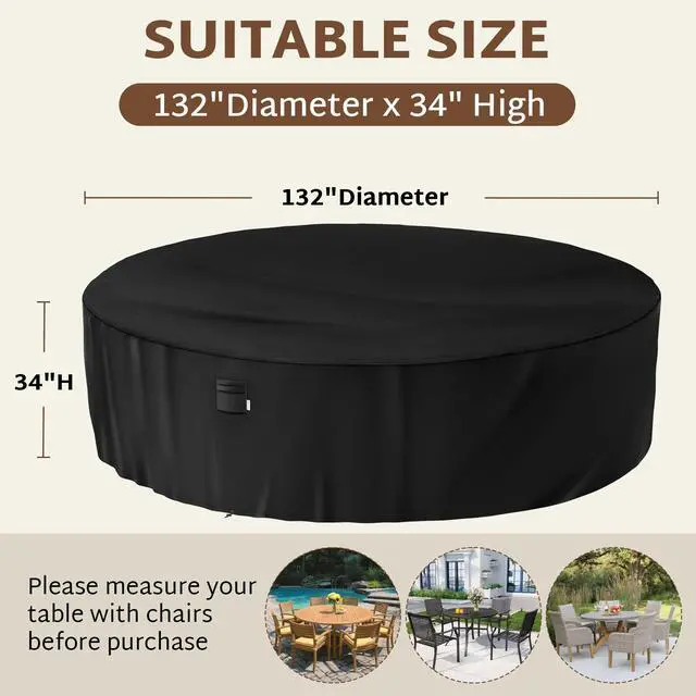 Alt view image 2 of 7 - Round Patio Furniture Cover 132 x 34 inch, 11 ft, Outdoor Waterproof and Weatherproof for Garden Table and Chairs, Heavy Duty 600D, fit 132, 130, 128, 126 Diameter
