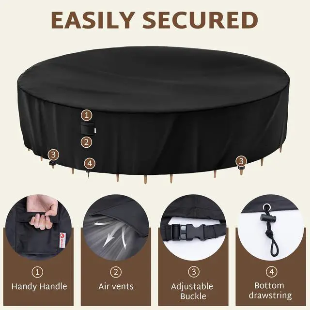 Alt view image 4 of 7 - Round Patio Furniture Cover 132 x 34 inch, 11 ft, Outdoor Waterproof and Weatherproof for Garden Table and Chairs, Heavy Duty 600D, fit 132, 130, 128, 126 Diameter
