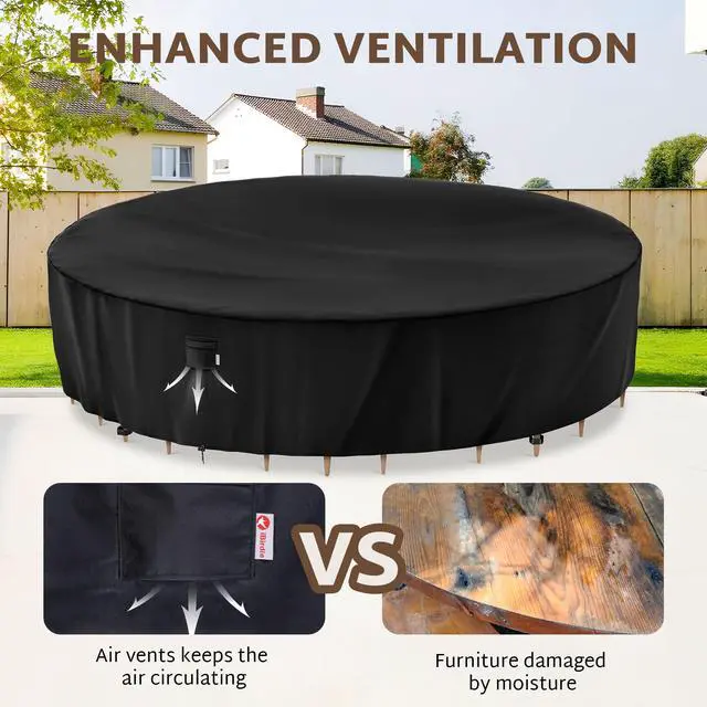 Alt view image 7 of 7 - Round Patio Furniture Cover 132 x 34 inch, 11 ft, Outdoor Waterproof and Weatherproof for Garden Table and Chairs, Heavy Duty 600D, fit 132, 130, 128, 126 Diameter