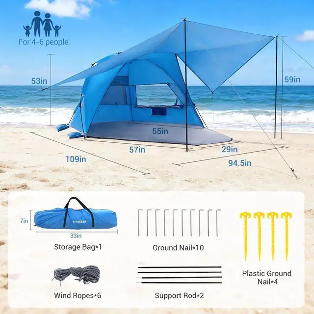 Alt view image 7 of 7 - CumbreX Beach Tent with 360° Removable Canopy, 4-6 Person Pop Up Sun Shade Shelter, UPF 50+ Automated Installation Double Silver Coating Portable Lightweight Beach Cabana for Beach/Outdoor