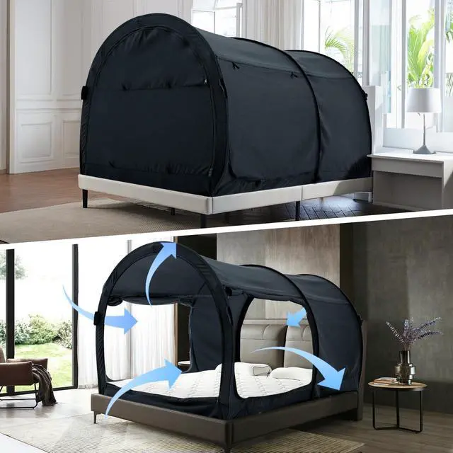 Main image of Canopy Bed Dream Privacy Space Full Sleeping Tents Indoor Pop Up Portable Frame Curtains Breathable Grey Cottage (Mattress Not Included) Reducing Light, Charcoal (2006)