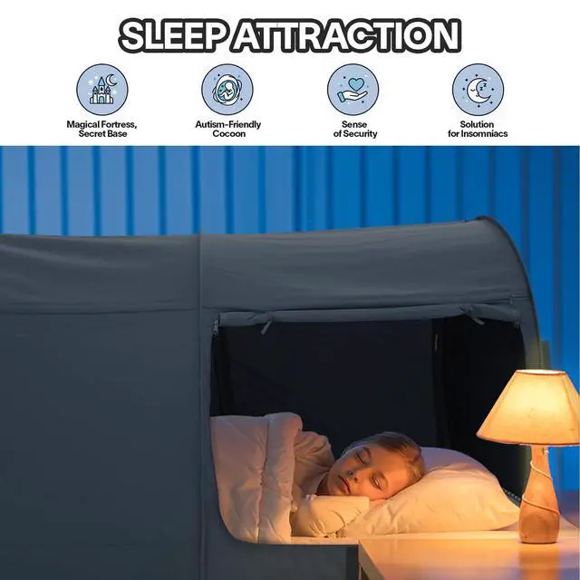 Alt view image 2 of 7 - Canopy Bed Dream Privacy Space Full Sleeping Tents Indoor Pop Up Portable Frame Curtains Breathable Grey Cottage (Mattress Not Included) Reducing Light, Charcoal (2006)