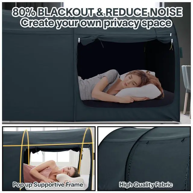 Alt view image 3 of 7 - Canopy Bed Dream Privacy Space Full Sleeping Tents Indoor Pop Up Portable Frame Curtains Breathable Grey Cottage (Mattress Not Included) Reducing Light, Charcoal (2006)