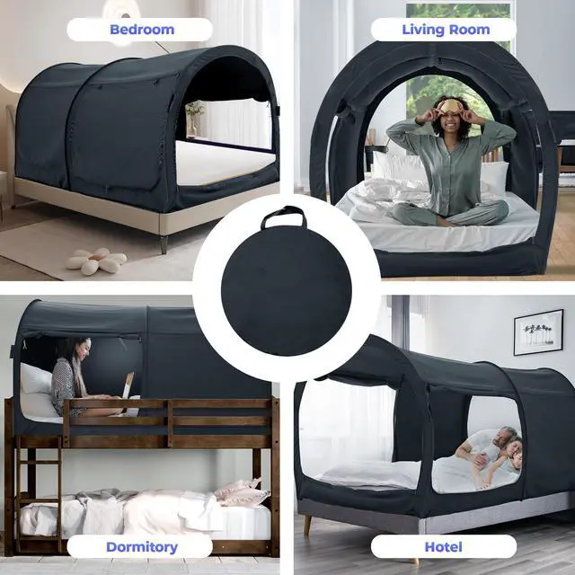 Alt view image 4 of 7 - Canopy Bed Dream Privacy Space Full Sleeping Tents Indoor Pop Up Portable Frame Curtains Breathable Grey Cottage (Mattress Not Included) Reducing Light, Charcoal (2006)
