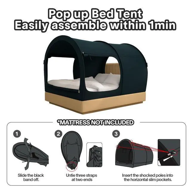 Alt view image 5 of 7 - Canopy Bed Dream Privacy Space Full Sleeping Tents Indoor Pop Up Portable Frame Curtains Breathable Grey Cottage (Mattress Not Included) Reducing Light, Charcoal (2006)