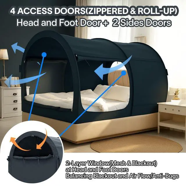 Alt view image 6 of 7 - Canopy Bed Dream Privacy Space Full Sleeping Tents Indoor Pop Up Portable Frame Curtains Breathable Grey Cottage (Mattress Not Included) Reducing Light, Charcoal (2006)