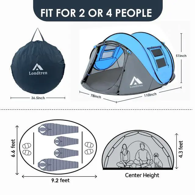 Alt view image 2 of 6 - Pop Up Tents for Camping 4 Person Waterproof Popup Tent Camping Easy Up Camping Tents Instant Four Person Tent Easy