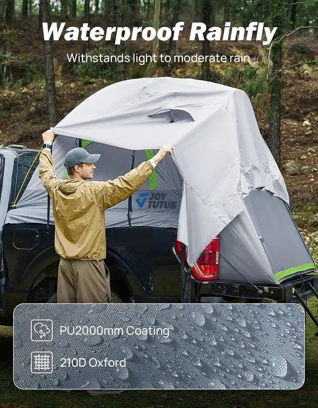 Alt view image 4 of 7 - Pickup Truck Tent 5ft 2.0, Waterproof PU2000mm Double Layer for 2 Person, Portable Truck Bed Tent with Rainfly, Green, Aluminum Pole