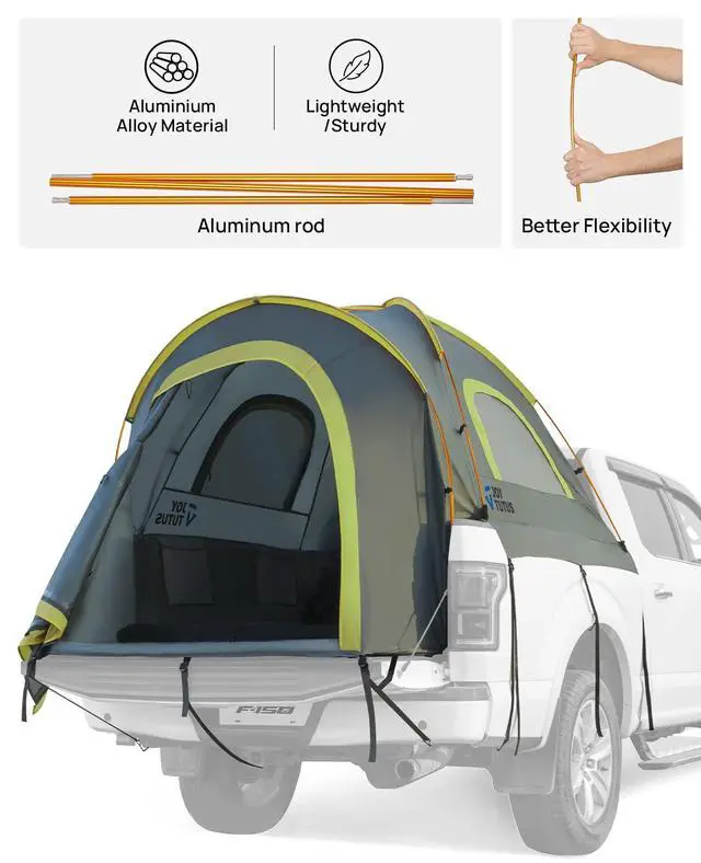 Alt view image 6 of 7 - Pickup Truck Tent 5ft 2.0, Waterproof PU2000mm Double Layer for 2 Person, Portable Truck Bed Tent with Rainfly, Green, Aluminum Pole