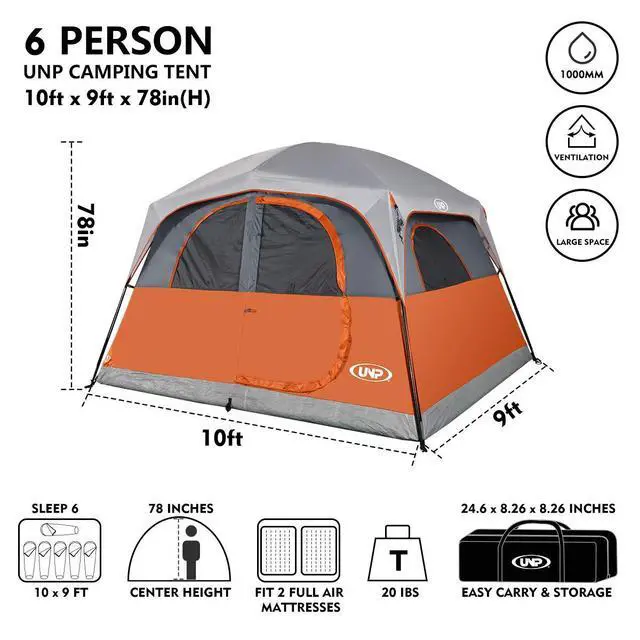 Alt view image 2 of 7 - Tents 6 Person Waterproof Windproof Easy Setup,Double Layer Family Camping Tent with 1 Mesh Door & 5 Large Mesh Windows -10'X9'X78in(H) Orange