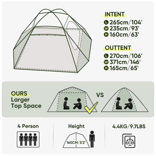 Alt view image 2 of 7 - 4 Person Camping Tent, Professional Waterproof & Windproof. Lightweight Backpacking Tent Suitable for Camping,Hiking, Outdoor, Mountaineering and Travel