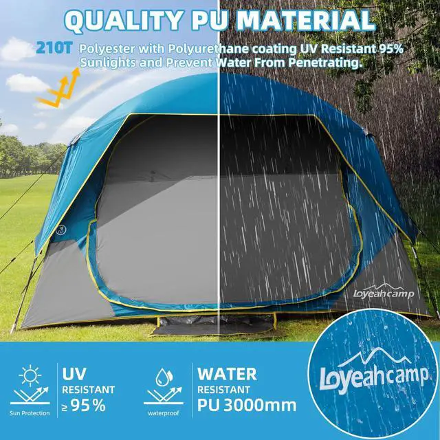Alt view image 4 of 7 - Tents 4 Person Camping Tent, Easy Setup Waterproof Family Tents for Camping, Portable Dome Tent for Outdoor Camping with Rainfly, Carry Bag Deepblue