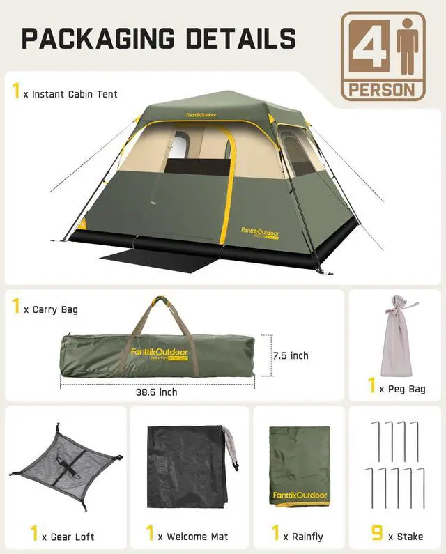 Alt view image 5 of 6 - Zeta C4 Pro Camping Tent 4 Person Instant Cabin Tent Setup in 60 Seconds with Rainfly & Windproof Portable with Carry Bag for Family Camping & Hiking, Upgraded Ventilation, Green