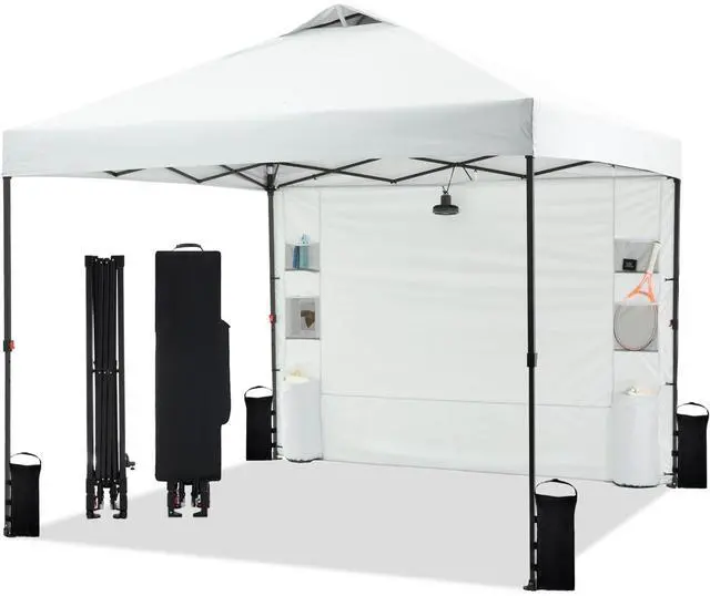Main image of 10'x10' Pop Up Canopy Tent with 1 Sidewall and 6 Pockets, One Push Setup, Instant Shade Tent with Vented Roof for Beach Patio Outdoor, Case, 8 Stakes, 4 Ropes, 4 Sandbags (White)