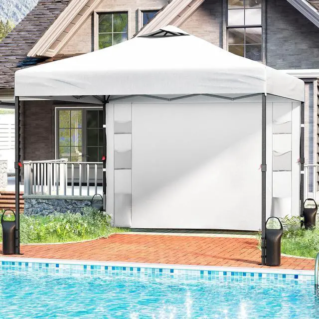 Alt view image 2 of 6 - 10'x10' Pop Up Canopy Tent with 1 Sidewall and 6 Pockets, One Push Setup, Instant Shade Tent with Vented Roof for Beach Patio Outdoor, Case, 8 Stakes, 4 Ropes, 4 Sandbags (White)