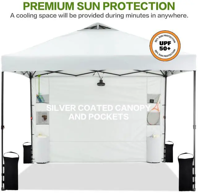 Alt view image 4 of 6 - 10'x10' Pop Up Canopy Tent with 1 Sidewall and 6 Pockets, One Push Setup, Instant Shade Tent with Vented Roof for Beach Patio Outdoor, Case, 8 Stakes, 4 Ropes, 4 Sandbags (White)
