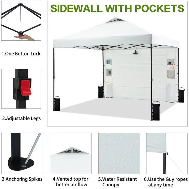 Alt view image 3 of 6 - 10'x10' Pop Up Canopy Tent with 1 Sidewall and 6 Pockets, One Push Setup, Instant Shade Tent with Vented Roof for Beach Patio Outdoor, Case, 8 Stakes, 4 Ropes, 4 Sandbags (White)